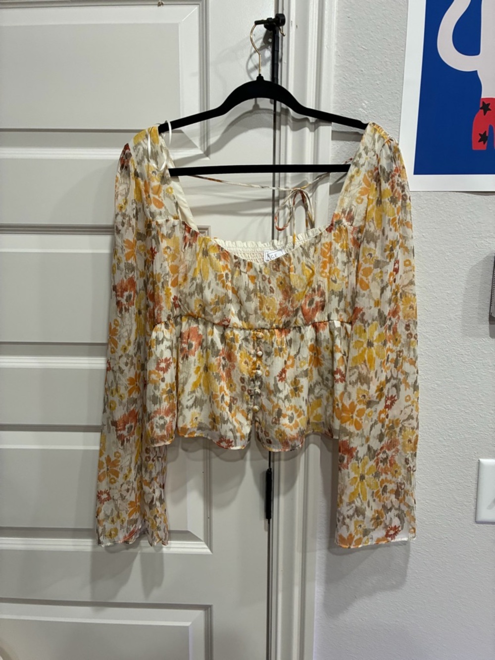 Sage Floral Square-Neck Peasant Blouse in Cream, Mustard, Rust